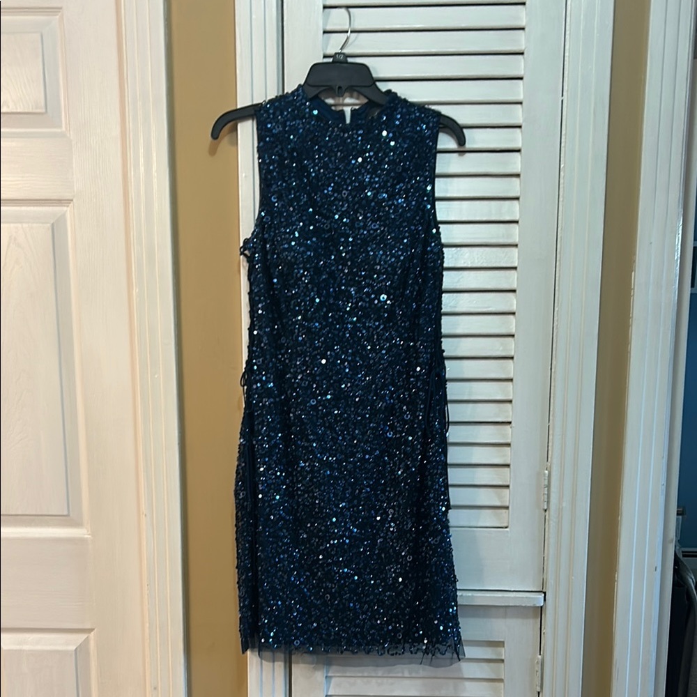 Adrianna Papell Blue Sequin Sheath Dress Mock Neck